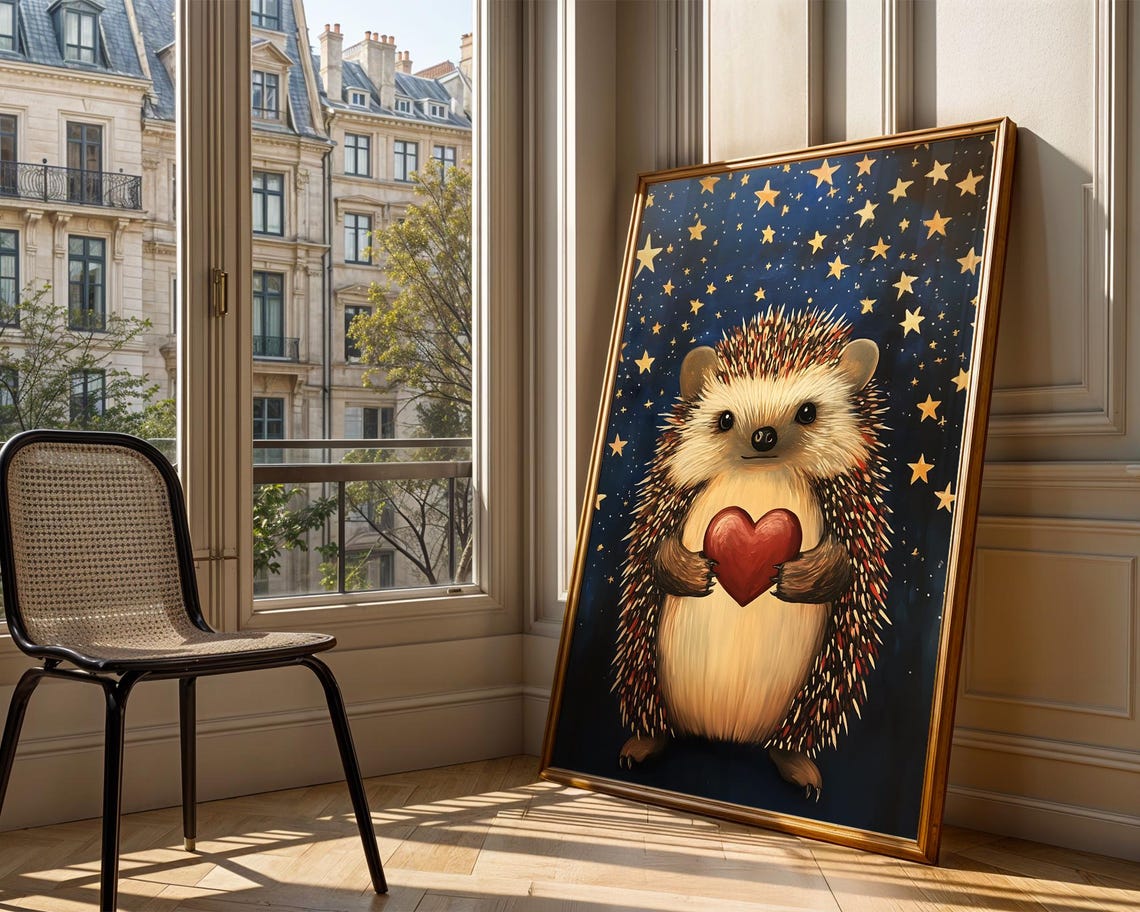 Cute Hedgehog Holding Heart Stars Night Sky Art Trendy Wall Room Decor Prints Print Nursery Gift - Image 4