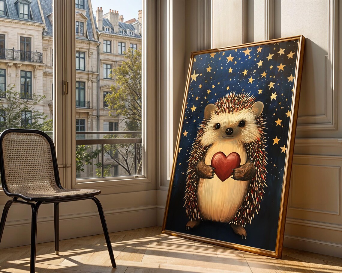 Hedgehog Holding Red Heart Under Gold Stars Night Sky Poster - Image 4