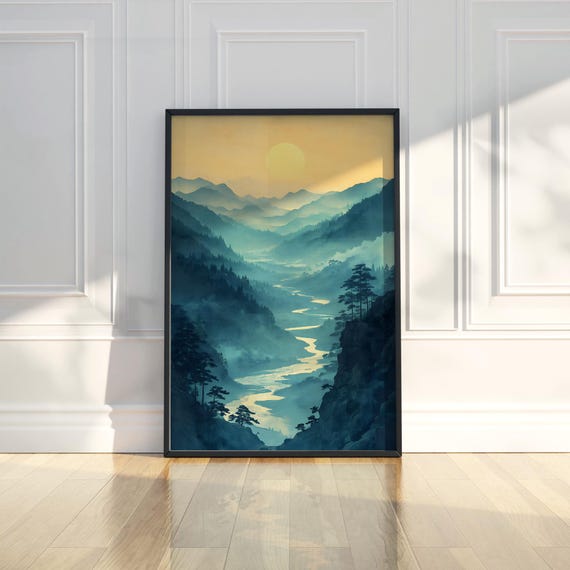 Serene Mountain Landscape Wall Art Print Misty River Valley Sunrise Nature Tranquil Atmospheric Home Decor Living Room Bedroom Entryway Gift