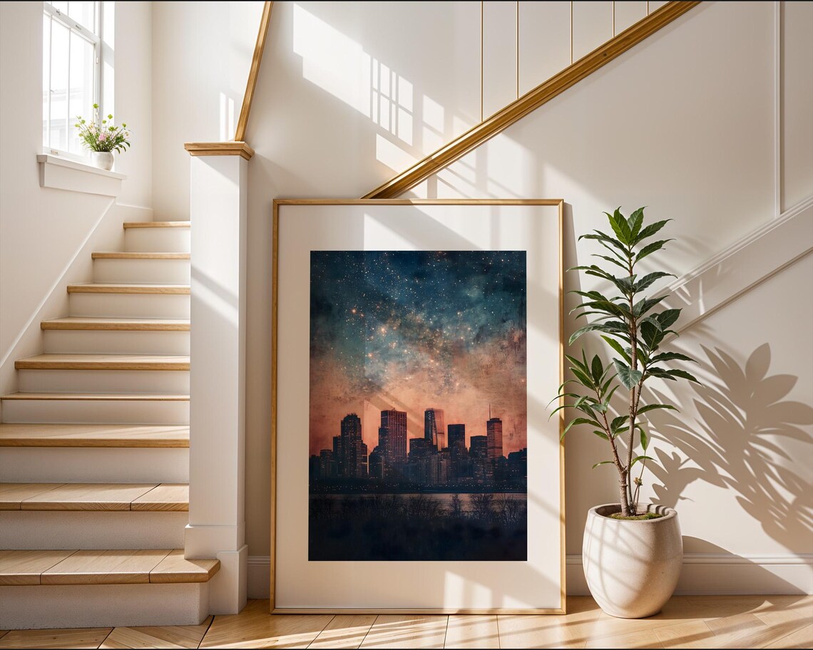Starlit City Skyline Under Night Sky Celestial Urban Painting Poster - Image 2