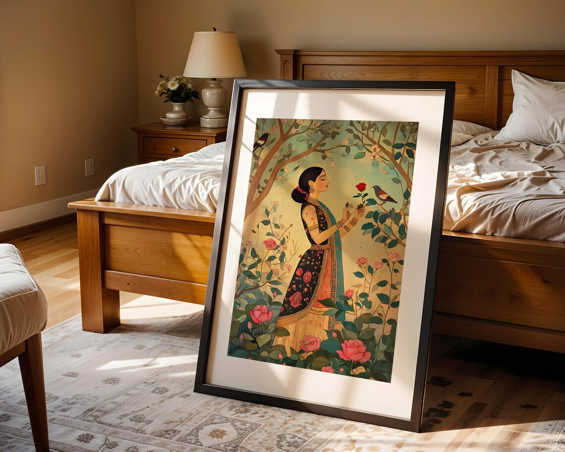 Beautiful Indian Woman Rose Garden Birds Traditional Art Print - Image 4
