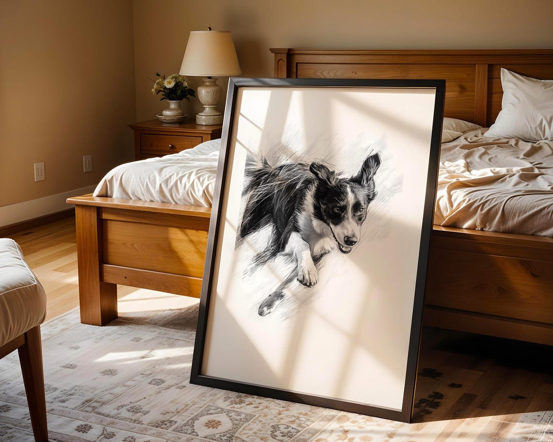 Border Collie Running Sketch Black And White Dog Pencil Wall Art - Image 4