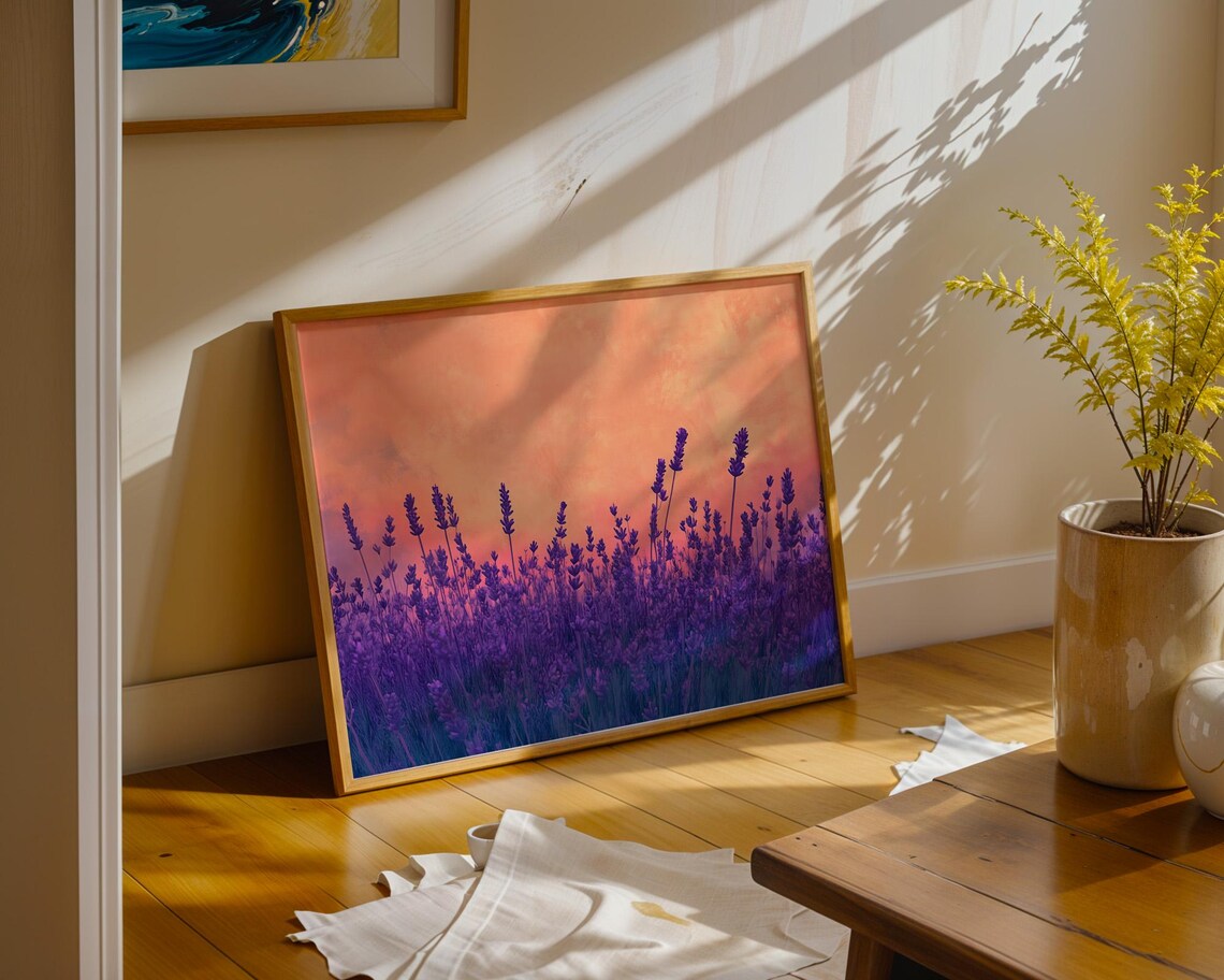 Purple Lavender Field Sunset Sky Warm Landscape Nature Wall Art - Image 4
