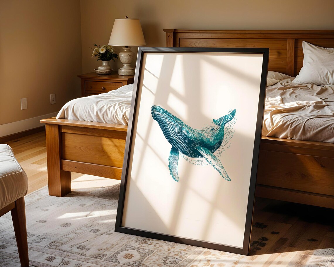Humpback Whale Teal Ink Illustration Ocean Sea Animal Artwork Poster - Image 5