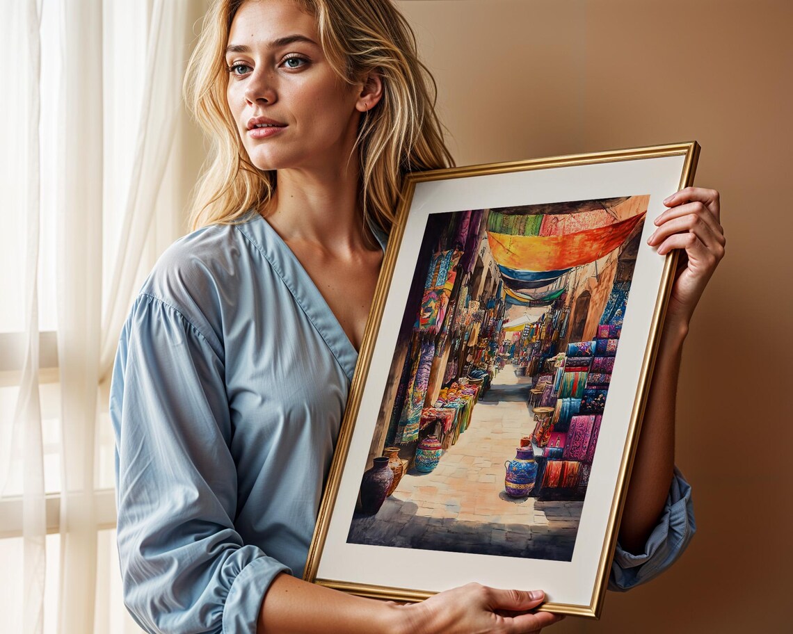 Vibrant Moroccan Market Alley Colorful Bazaar Travel Painting Poster - Image 2