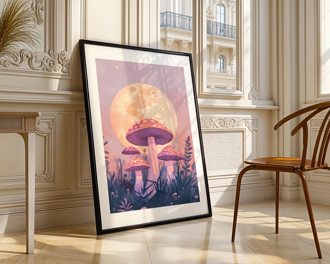 Red Spotted Mushrooms Under Giant Golden Moon Pastel Night Poster - Image 3