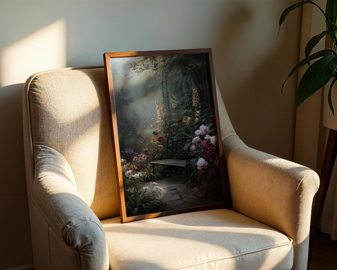 Moody Floral Garden Bench Oil Painting Cottage Garden Poster - Image 2