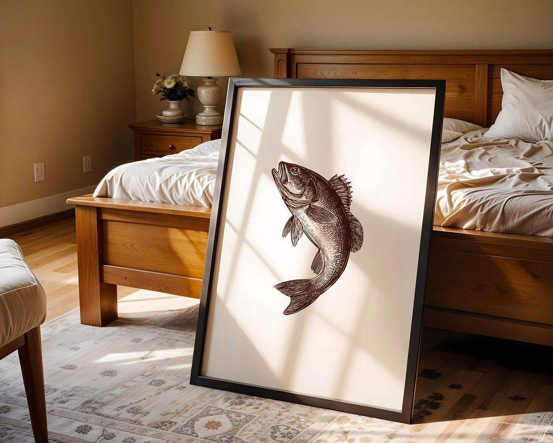 Jumping Bass Fish Brown Ink Sketch Fishing Art Drawing Poster - Image 5
