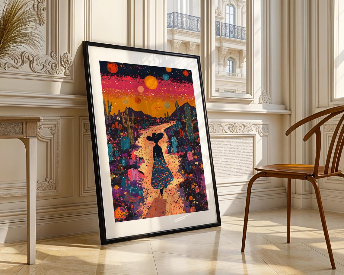Whimsical Desert Sunset Woman Silhouette Cacti Colorful Sky Wall Art - Image 4
