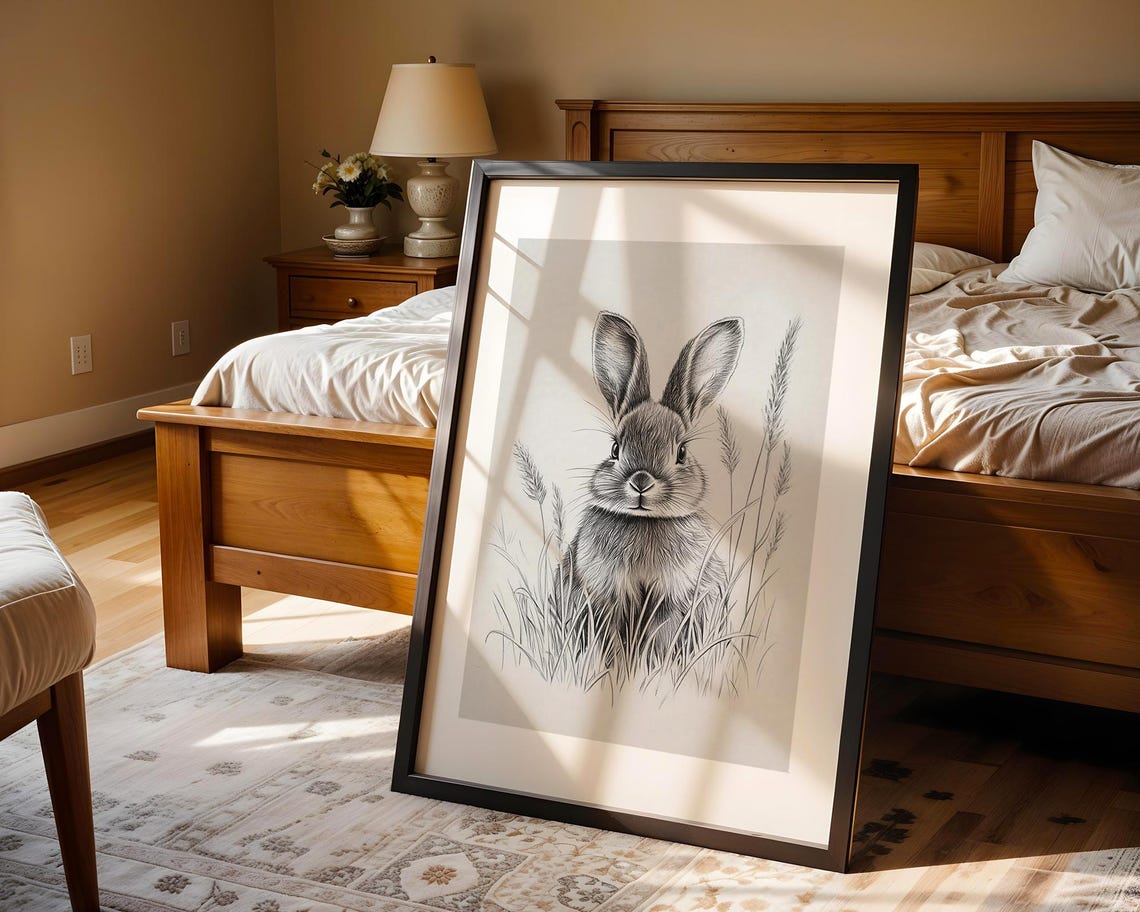 Minimalist Cute Easter Bunny Nursery Line Art Drawing Sketch Wall Print Black White Modern Home Kids Room Decor Gift - Image 4