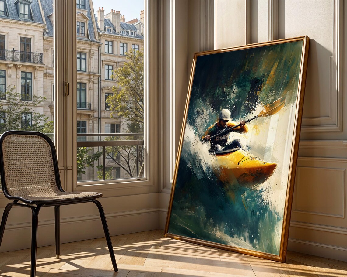 Colorful Whitewater Kayaker Yellow Kayak Rapids Sports Print - Image 3