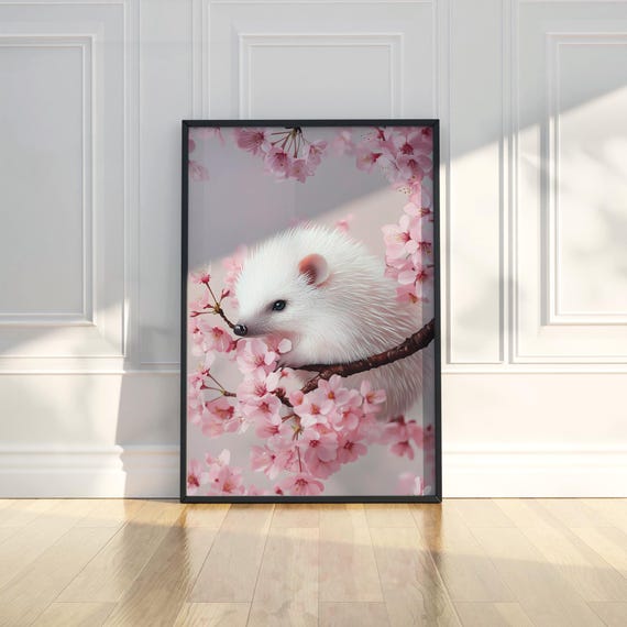 Cute Hedgehog Cherry Blossom Wall Art Print Animal Nature Botanical Pastel Pink Spring Delicate Home Kids Room Decor Nursery Gift Lover Idea