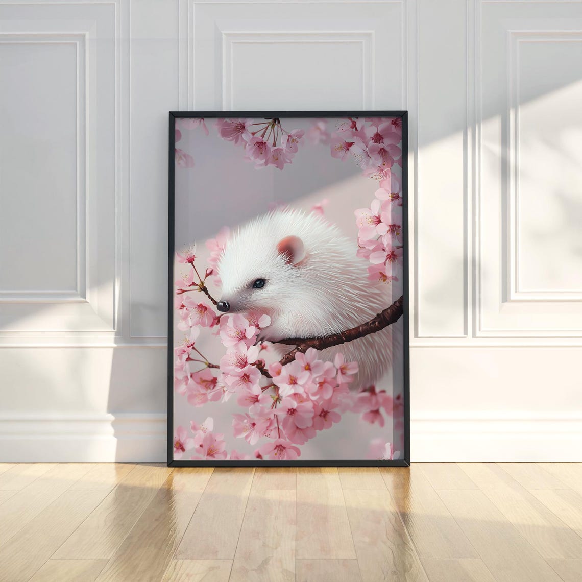 Cute White Hedgehog on Pink Cherry Blossom Branch Nursery Poster