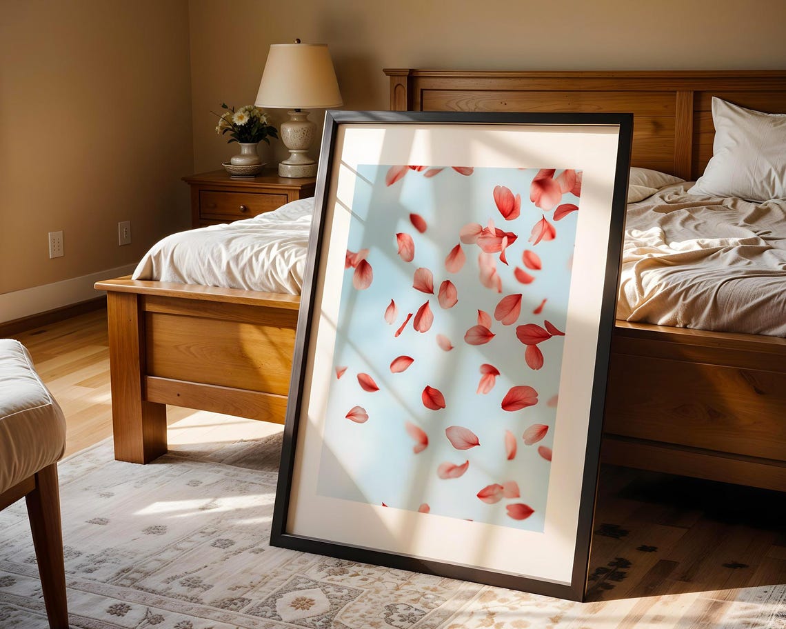Falling Rose Petals Light Blue Romantic Floral Home Decor Print - Image 4