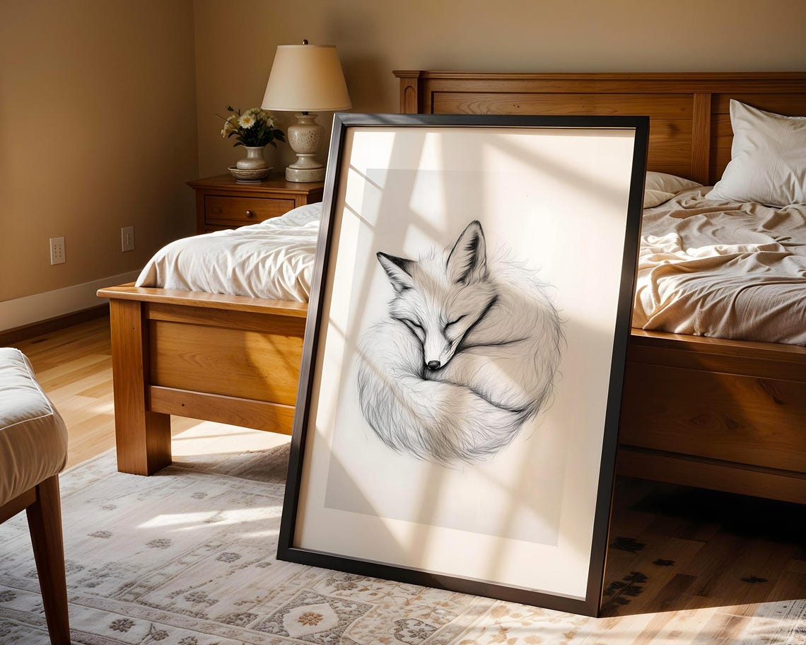 Sleeping Fox Pencil Sketch Wall Art Monochrome Wildlife Poster Nursery Living Room Office Decor And Study - Image 4