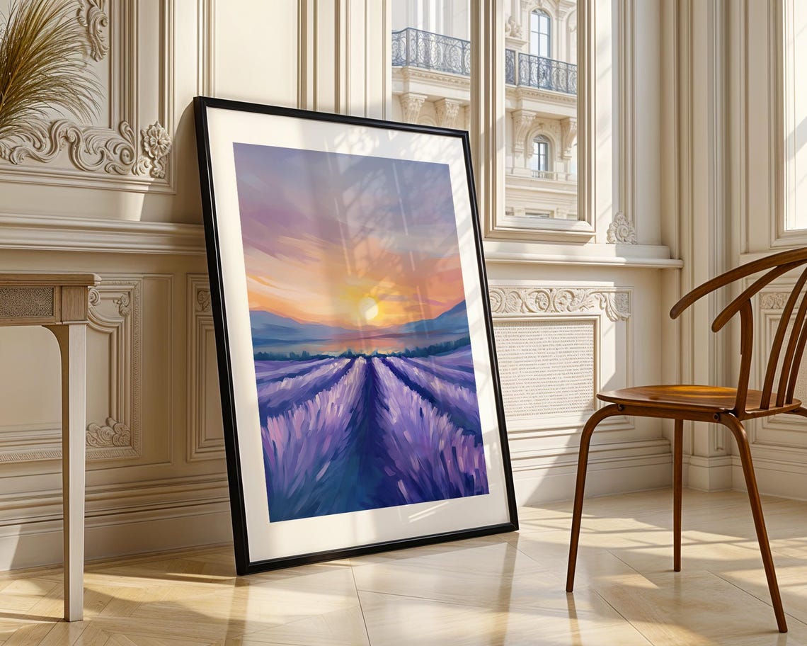 Golden Sunset Over Endless Lavender Field Rows Impressionist Poster - Image 3