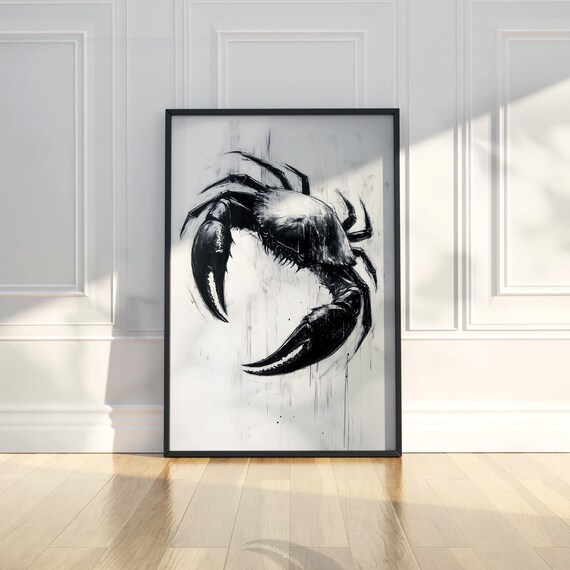 Minimalist Black Crab Wall Art Print Abstract Line Charcoal Sketch Trendy Retro Poster Modern Home Decor