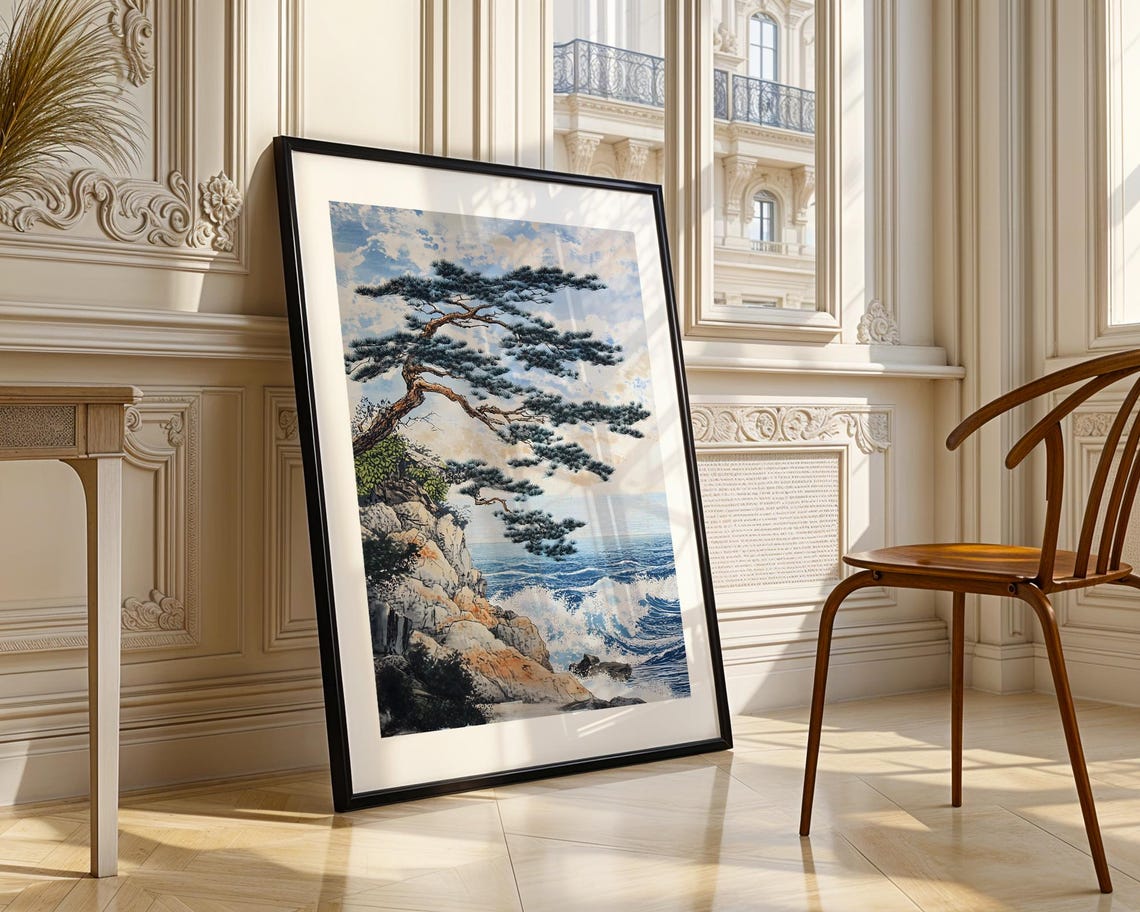 Japanese Pine Tree Coastal Cliff Wave Ukiyo E Style Art Print - Image 3
