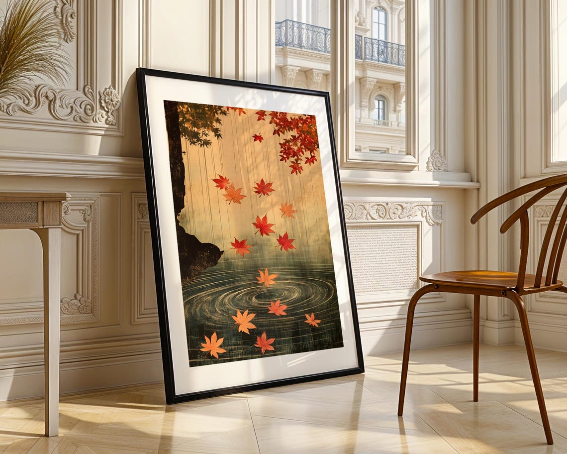 Japanese Maple Leaves Falling on Pond Art Poster in Ukiyo-e Style - Image 3