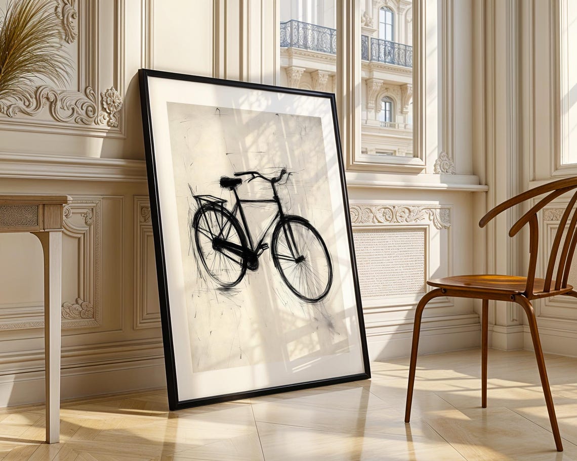 Vintage Bicycle Black Ink Sketch Minimalist Monochrome Wall Art - Image 4