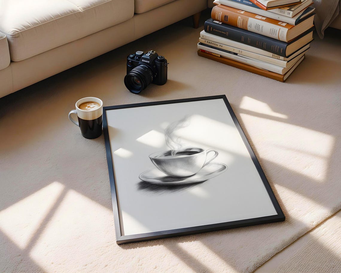 Steaming Coffee Cup On Saucer Realistic Pencil Sketch Poster - Image 6