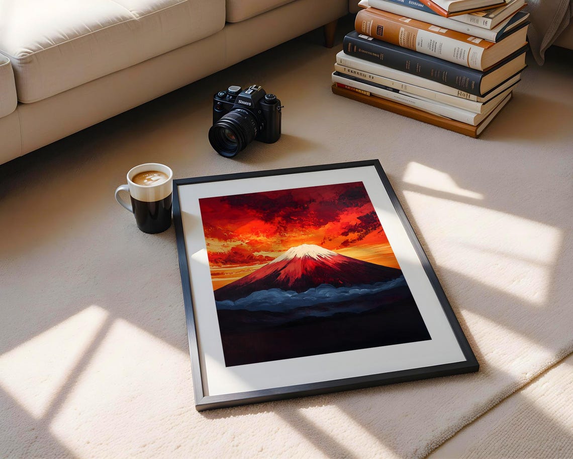 Fiery Mount Fuji Sunset Red Sky Japanese Mountain Painting Poster - Image 6