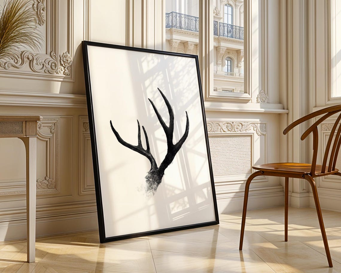 Minimalist Deer Antlers Wall Art Print Abstract Line Charcoal Sketch Trendy Retro Poster Modern Home Decor - Image 4