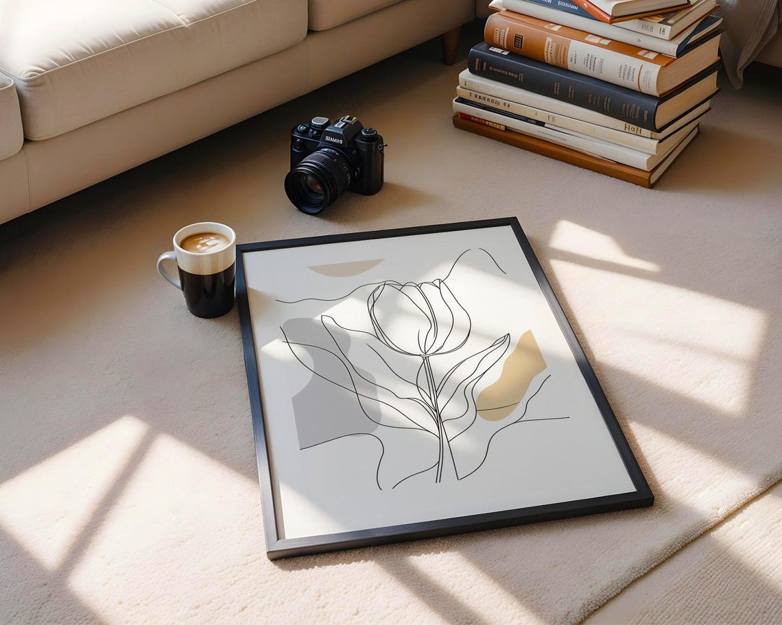 Modern Tulip Line Art Abstract Beige Botanical Drawing Poster - Image 5