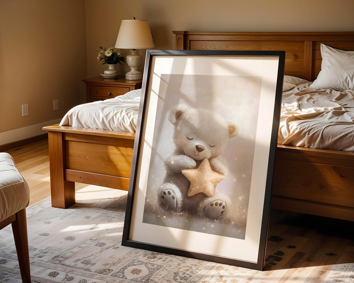 Cute Sleeping Teddy Bear Star Soft Pastel Baby Nursery Wall Art - Image 2