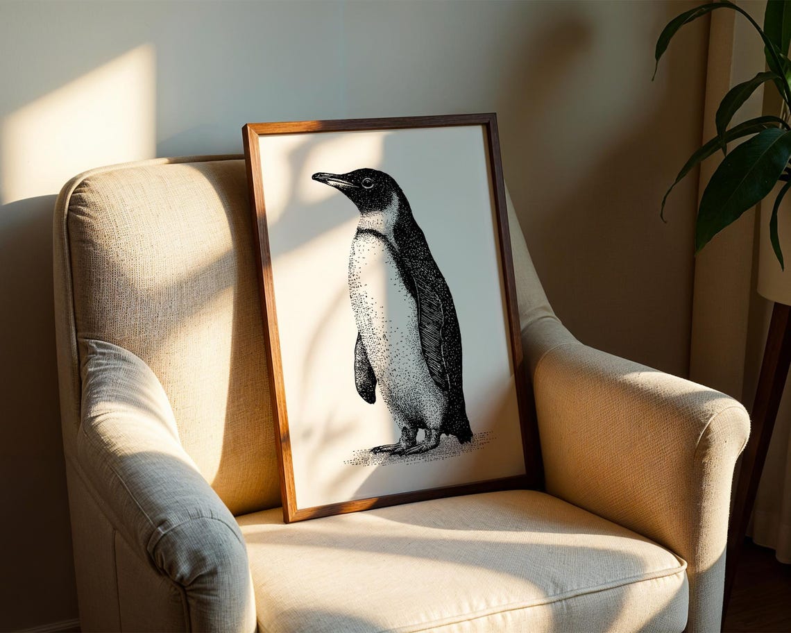 Penguin Vintage Engraving Black White Bird Illustration Poster - Image 2
