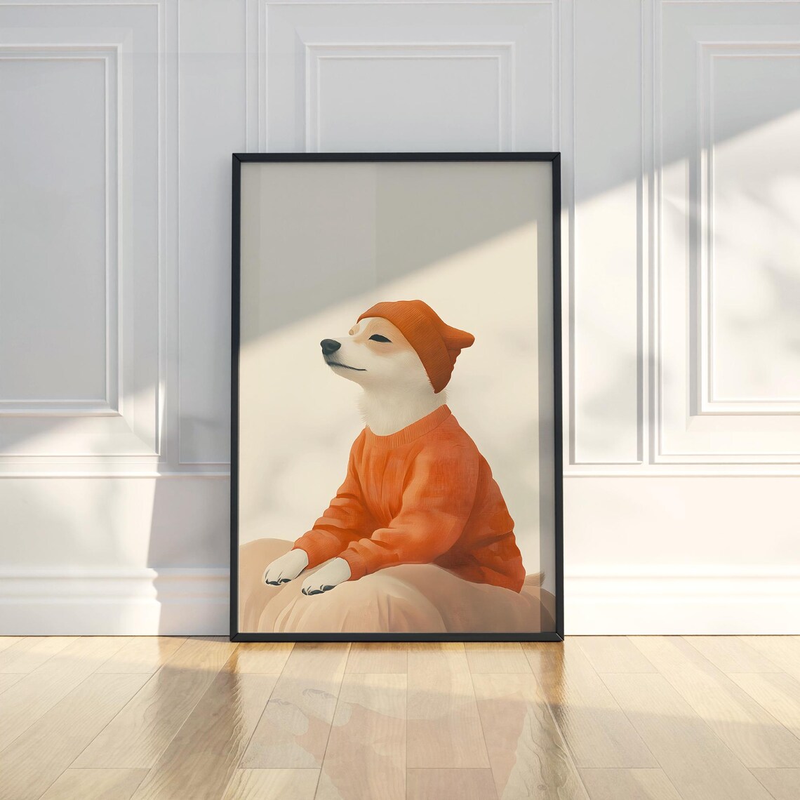 Cozy Shiba Inu Dog In Orange Sweater Portrait Cute Animal Poster