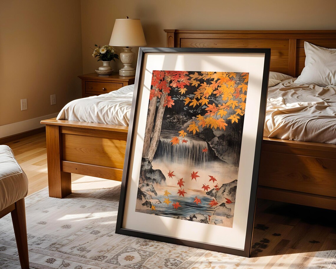Japanese Autumn Waterfall Art Poster with Falling Red Maple Leaves - Image 4