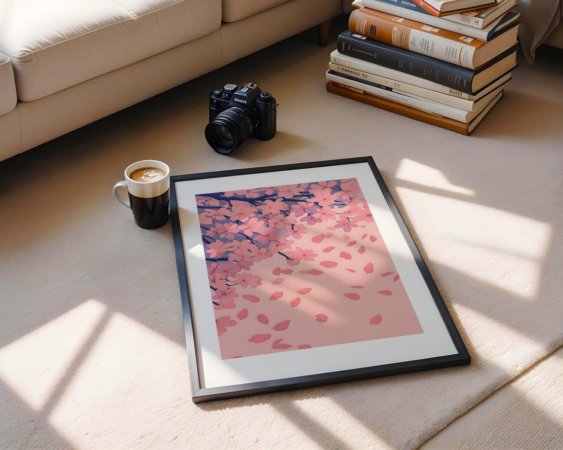 Pink Cherry Blossom Branch Art Poster with Falling Sakura Petals - Image 5