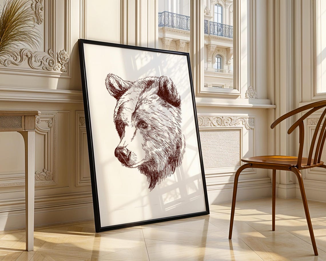 Watchful Bear Head Brown Pencil Sketch Wildlife Line Drawing Poster - Image 4