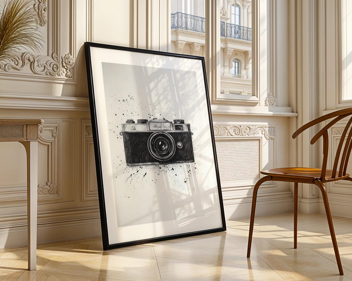 Vintage Film Camera Charcoal Sketch Black Ink Splatter Art Poster - Image 4