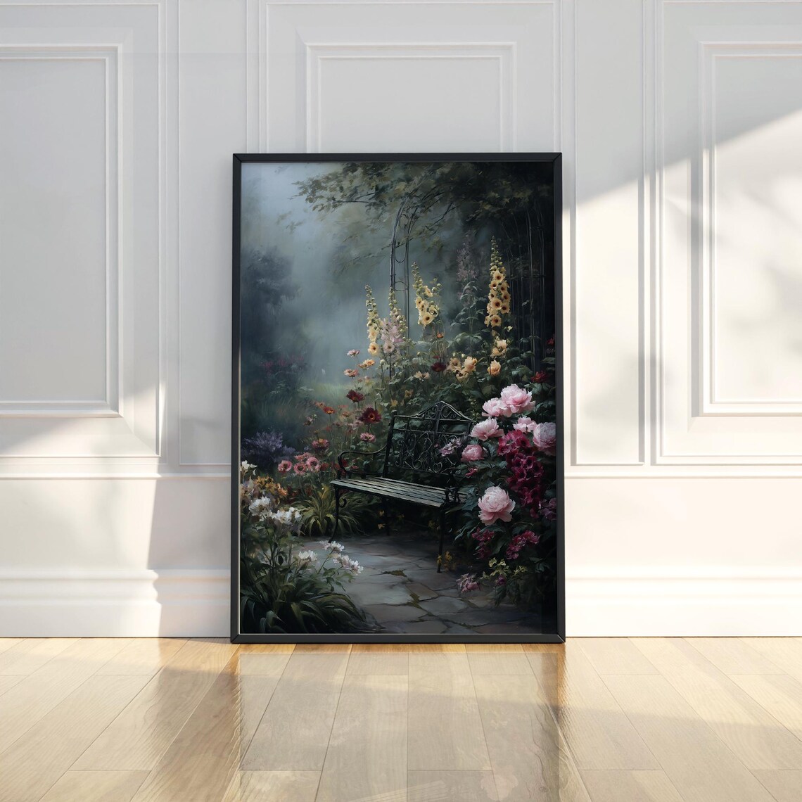 Moody Floral Garden Bench Oil Painting Cottage Garden Poster