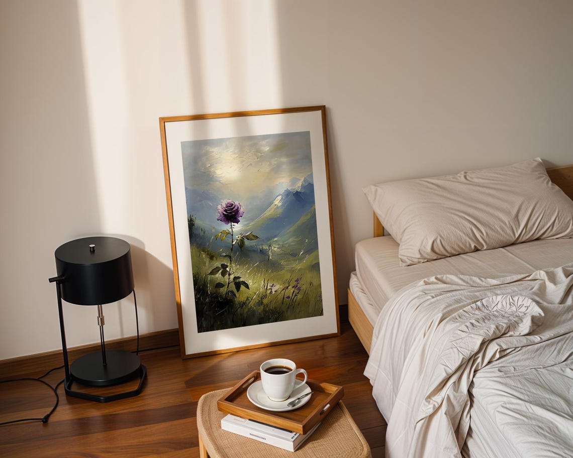 Purple Rose Bloom Green Valley Mountain Landscape Oil Painting Poster - Image 2