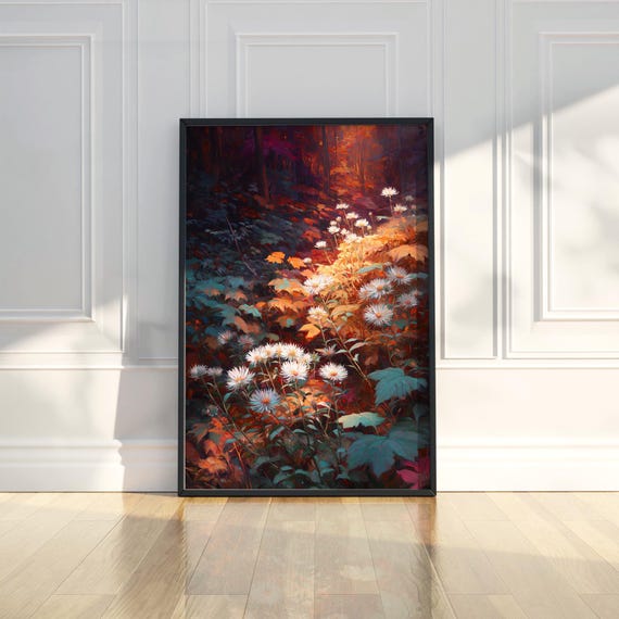Moody Daisy Flower Field Forest Sunset Painting Floral Poster Wall Art Print Modern Home Room Decor Artwork Gift