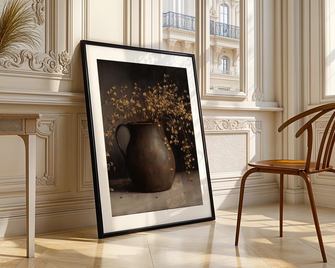 Dark Rustic Vase with Golden Dried Wildflowers Moody Oil Poster - Image 3