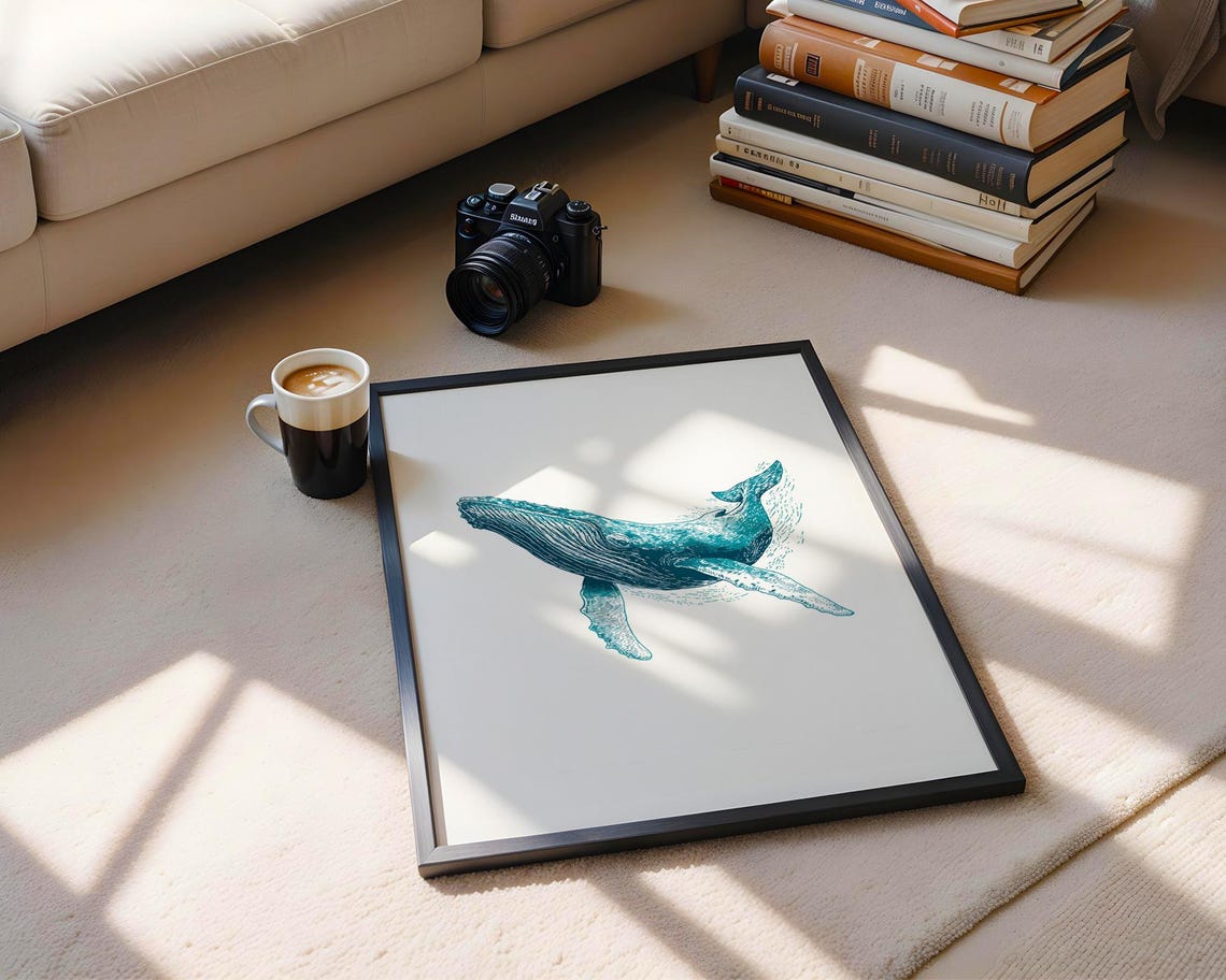 Humpback Whale Teal Ink Illustration Ocean Sea Animal Artwork Poster - Image 6