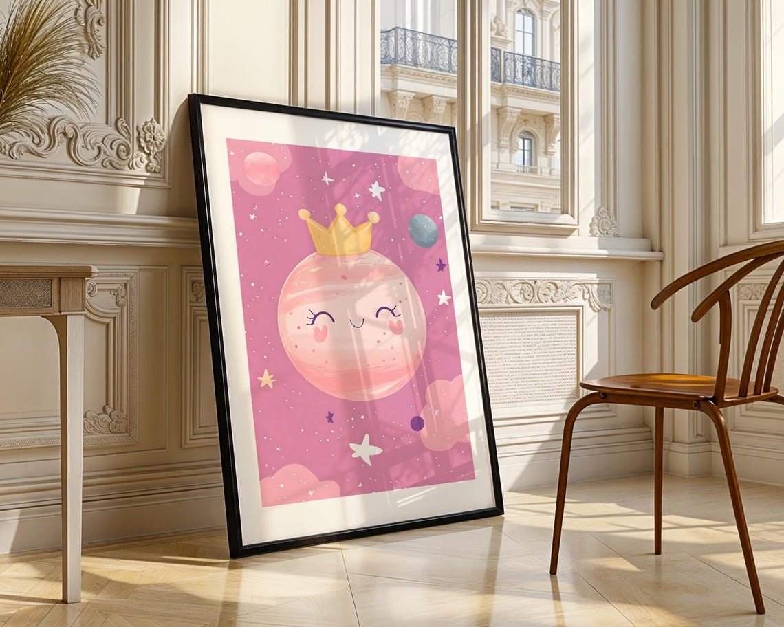 Cute Pink Planet with Golden Crown Smiling Face Nursery Art Poster - Image 3