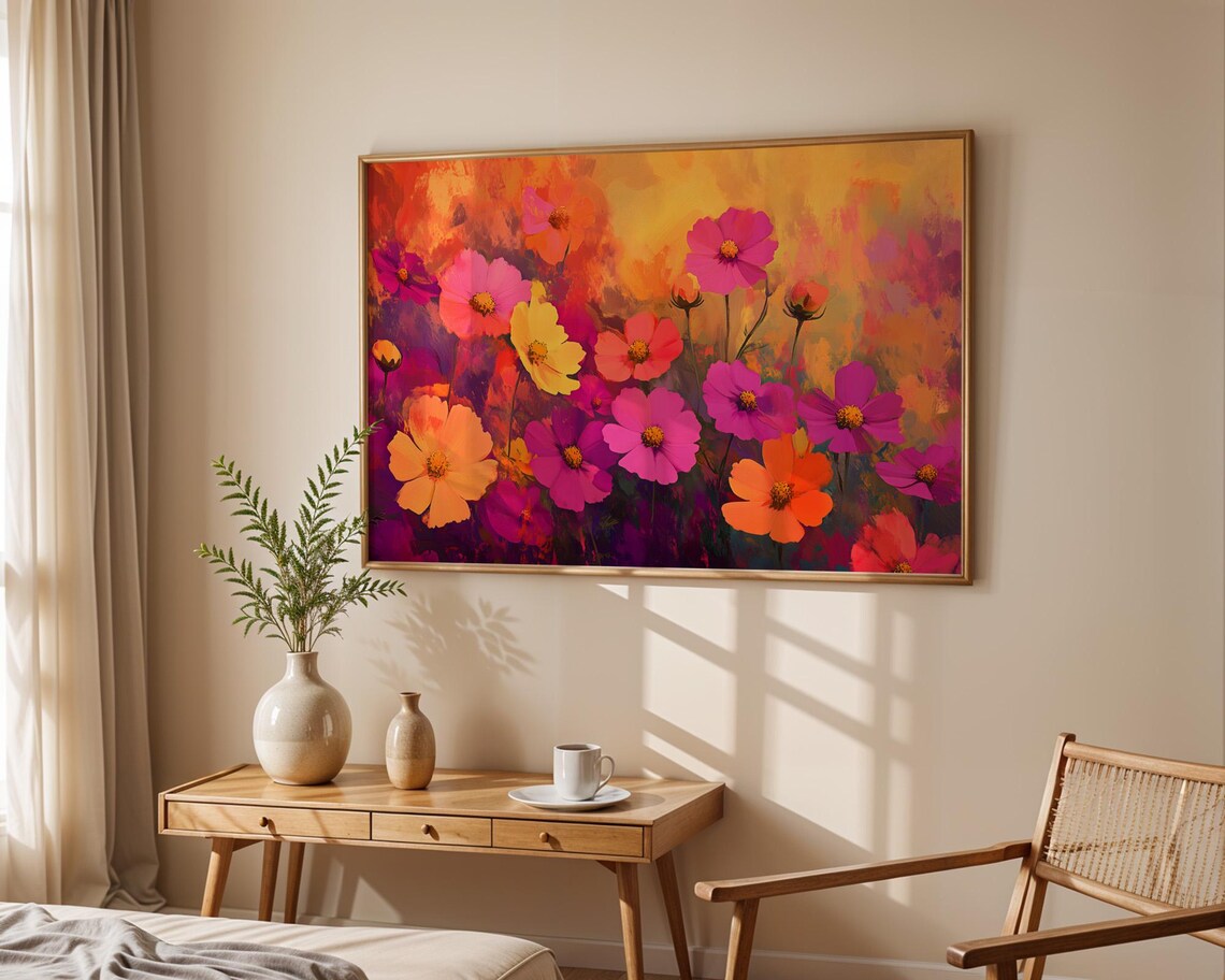 Vibrant Cosmos Flowers Pink Orange Yellow Bold Floral Art Poster