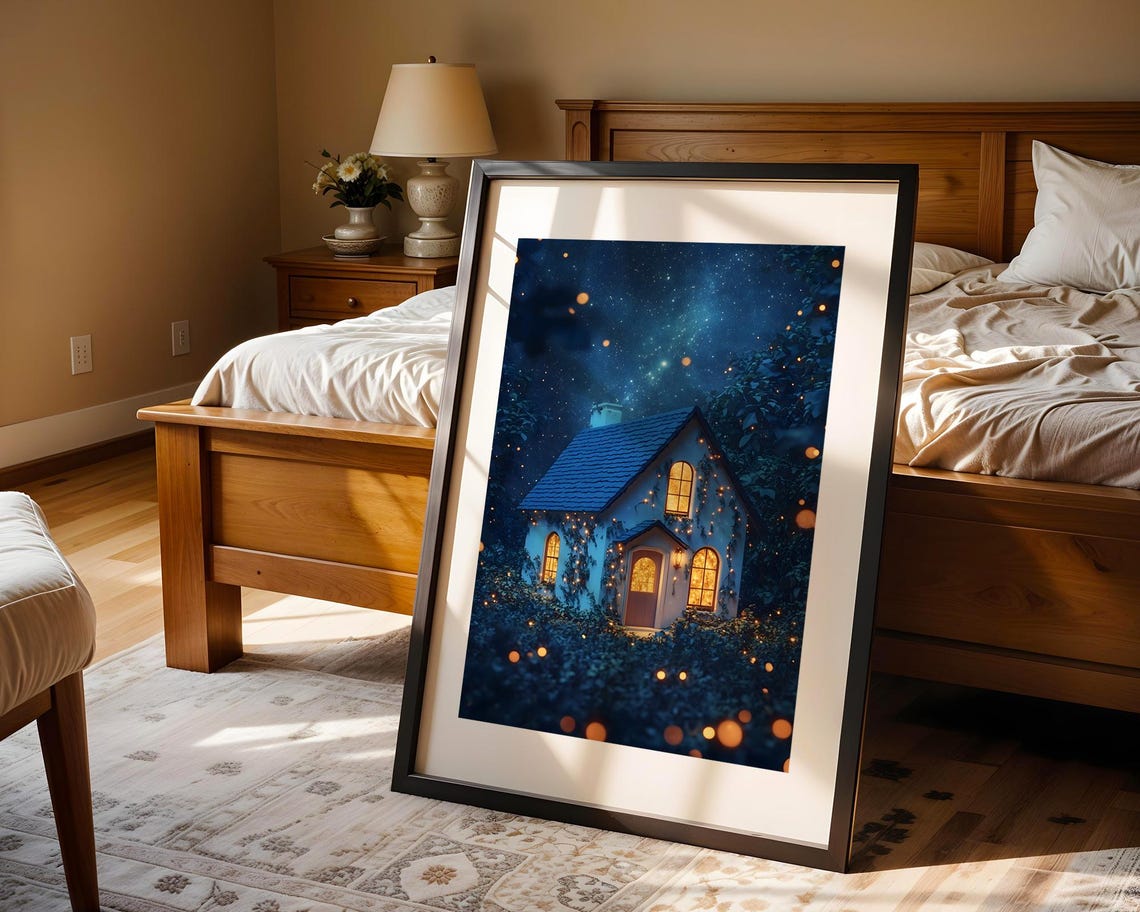 Cozy Cottage Under Starry Night Sky Fireflies Magical Fantasy Poster - Image 4