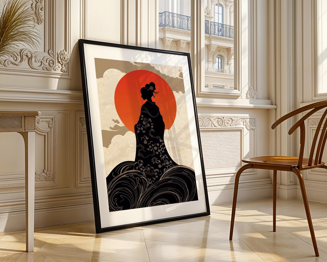 Japanese Kimono Woman Silhouette Bold Red Sun Woodblock Art Poster - Image 3