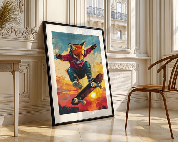 Skateboarding Fox Wall Art Print Trendy Cool Animal Headphones Urban Skateboarder Kids Decor Teen Boy Gift Modern