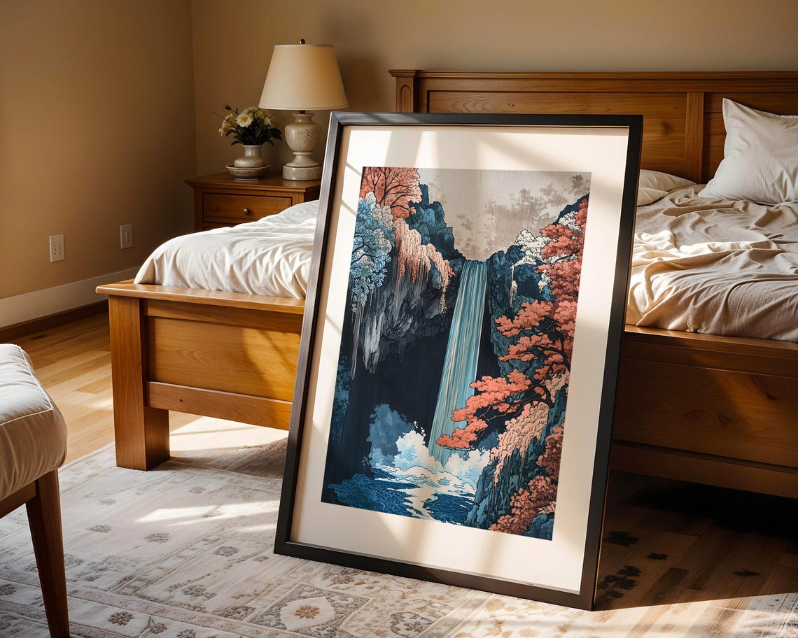 Japanese Blue Waterfall Art Poster with Autumn Forest Cliffs - Image 4