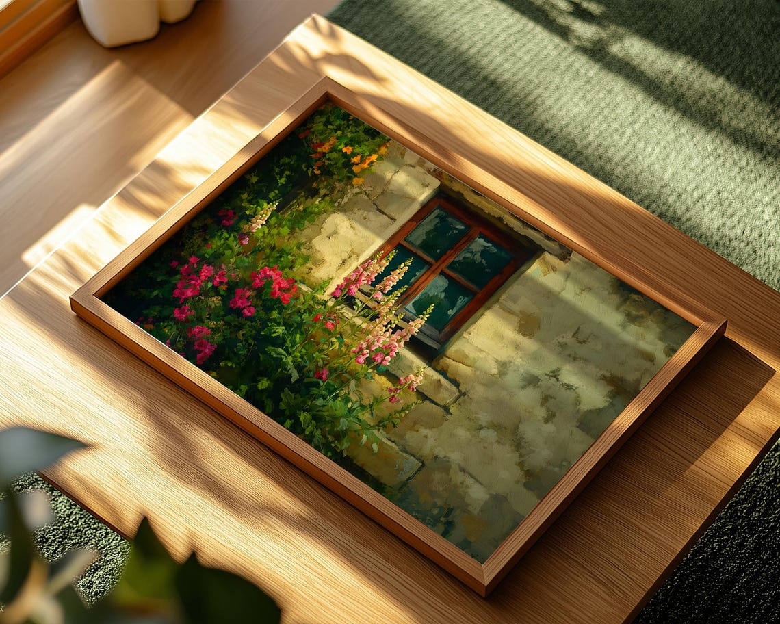 Stone Cottage Window Snapdragons Flowers Impressionist Poster - Image 2
