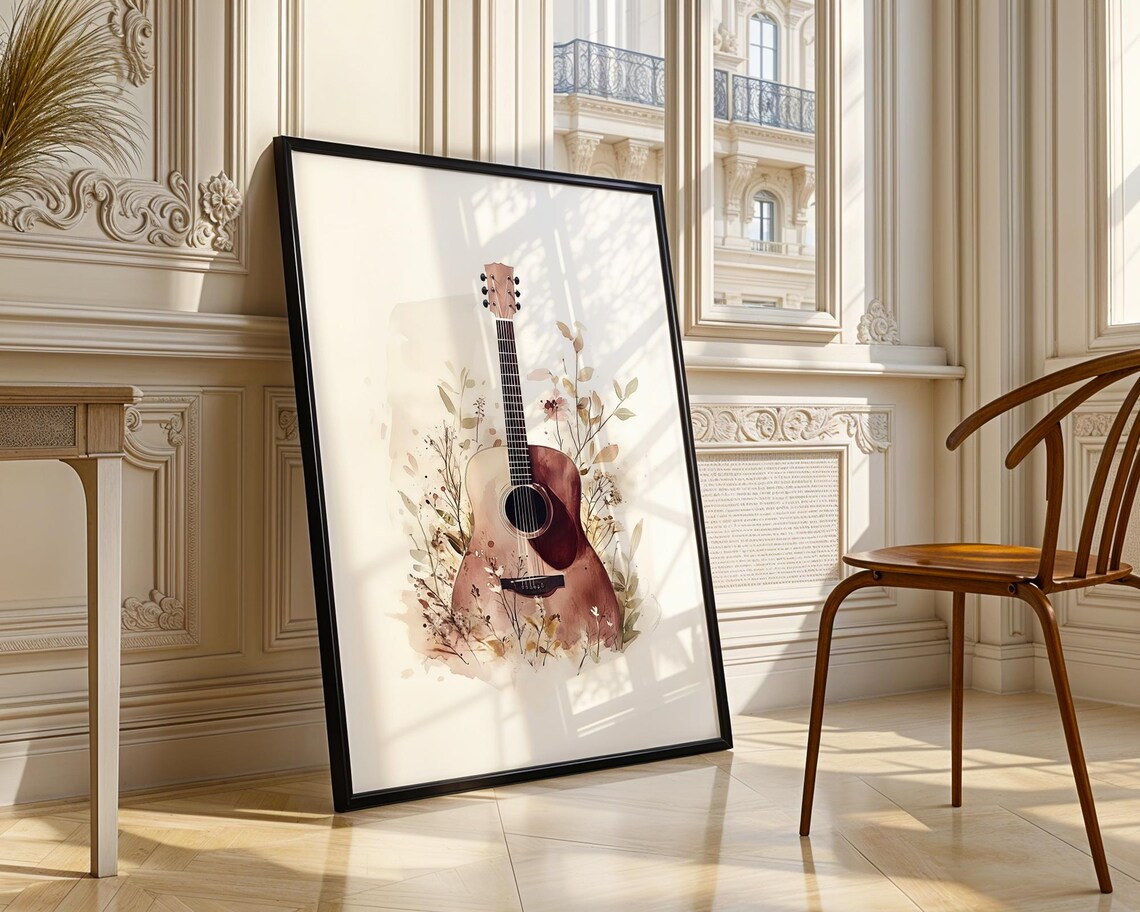 Acoustic Guitar Watercolor Blush Floral Botanical Romantic Music Poster - Image 4