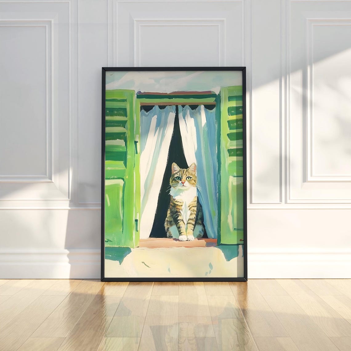 Tabby Cat Window Green Shutters Sunlit Pet Portrait Art Print