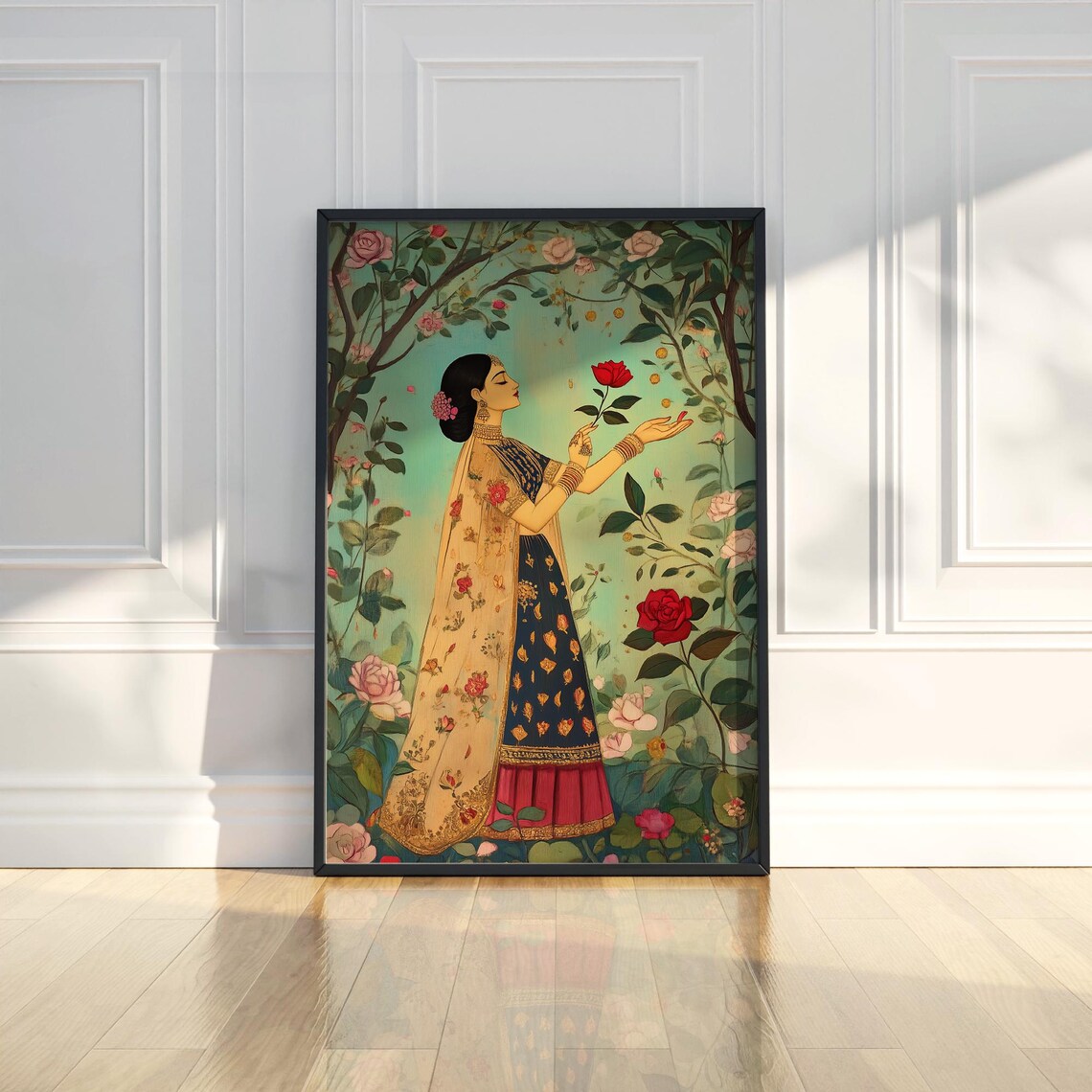 Indian Woman Rose Garden Traditional Mughal Style Art Poster